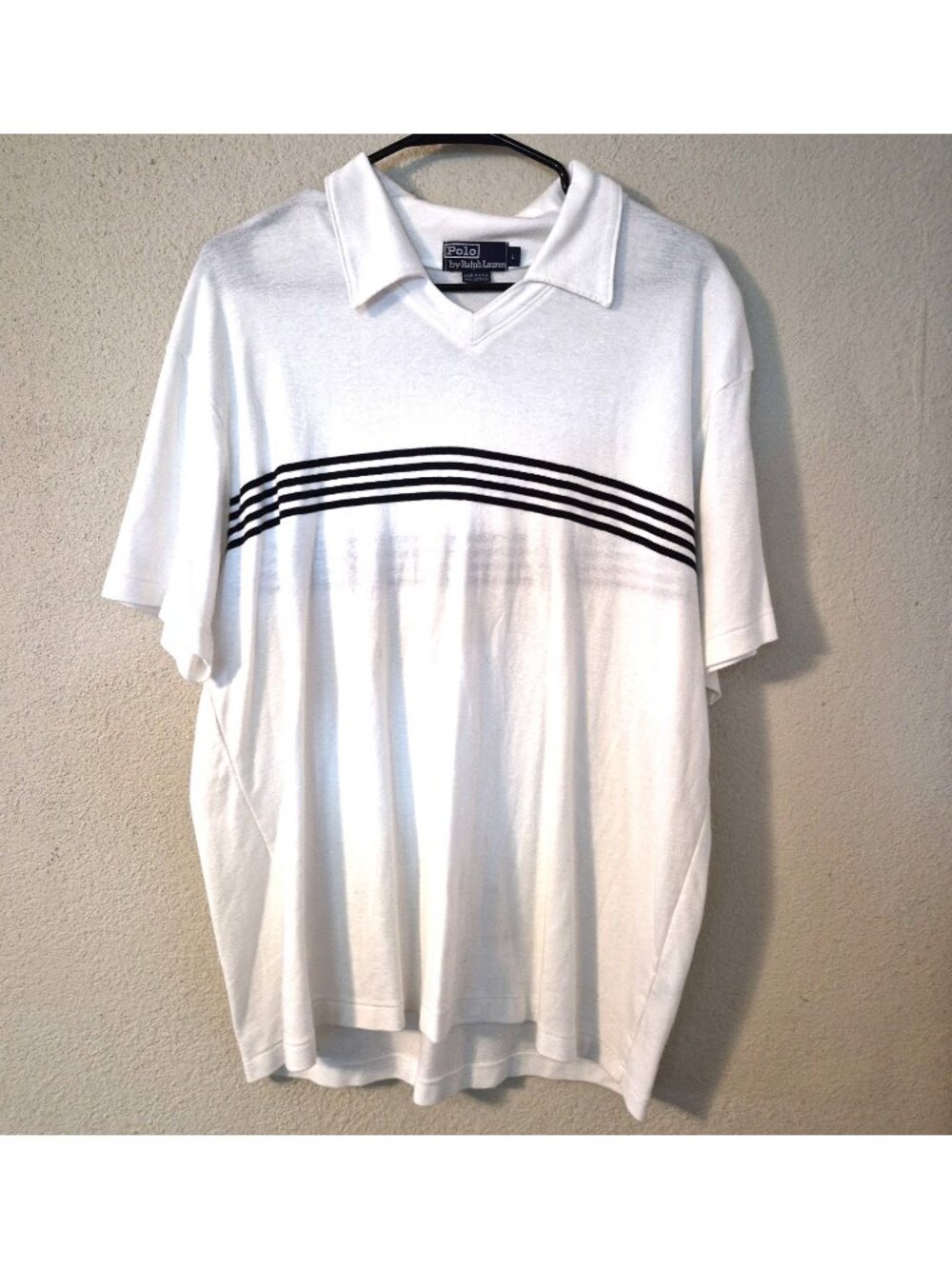 VTG 90s Polo Ralph Lauren Striped Polo Shirt‎ White Black Men L USA V-Neck